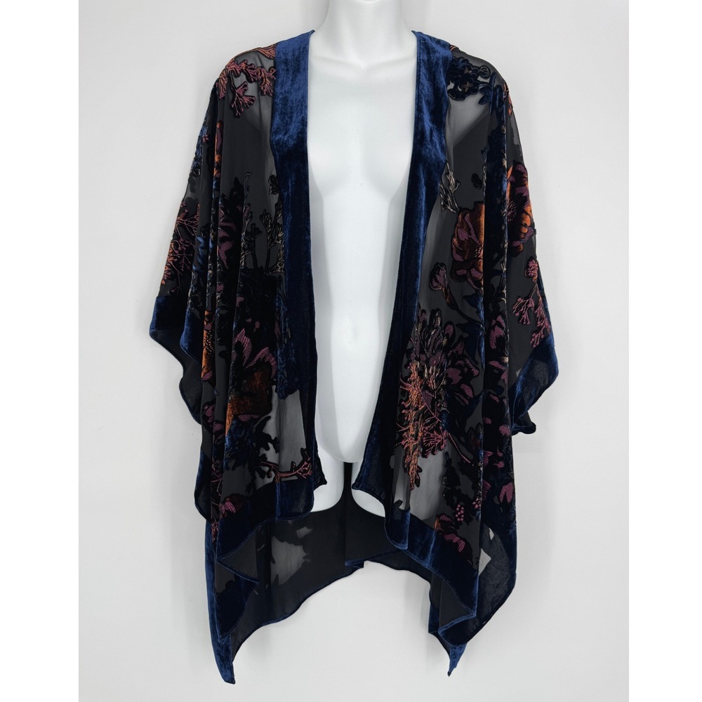 World Market Kimono Wrap One Size Blue Floral Velvet Burnout Sheer Boho Romantic